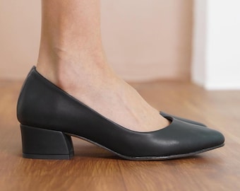 Black Bridal Heels, Vegan Leather Wedding Shoes, Elegant Low Block Heels, Classical Designer Short Heel Wedding Shoes, Party Wear Women Pump