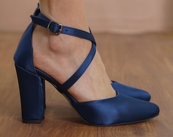Navy Blue Criss Cross Heels, Silky Satin Closed Toe Ankle Straps Wedding Heels with High Block Bridal Shoes, Dark Blue Brides Wedding Shoes