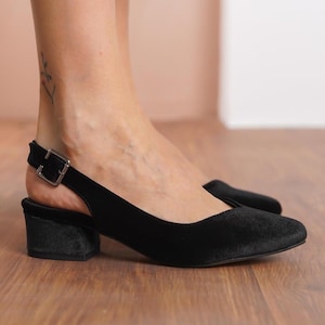Black Bridal Shoes, Black Velvet Wedding Heels, Low Block Heels for Brides, Classic Women Slingback Wedding Flat Sandals, Vegan Gift for Her