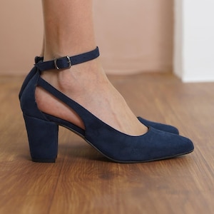 Navy Blue Wedding Heels, Vegan Suede Bridal Shoes with Medium High Block Heels, Classic Ankle Strap Bridesmaid Wedding Sandals, Gift for Her