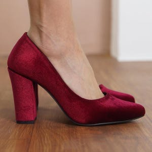 Burgundy Bridal Heels, Red Velvet Wedding Shoes, Elegant High Block Heel, Classical Designer Wedding Shoe, Party Wear Women Pump, Vegan Gift