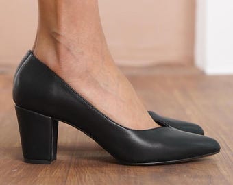 Black Wedding Shoes, Vegan Leather Wedding Heels, Medium High Block Formal Bride Shoes, Classic Designer Sweetheart Pumps, Women Dress Shoes