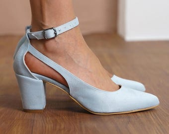 Baby Blue Wedding Heels, Light Blue Vegan Suede Medium High Bridal Block Heels, Classic Ankle Strap Bridesmaid Wedding Sandals, Gift for Her
