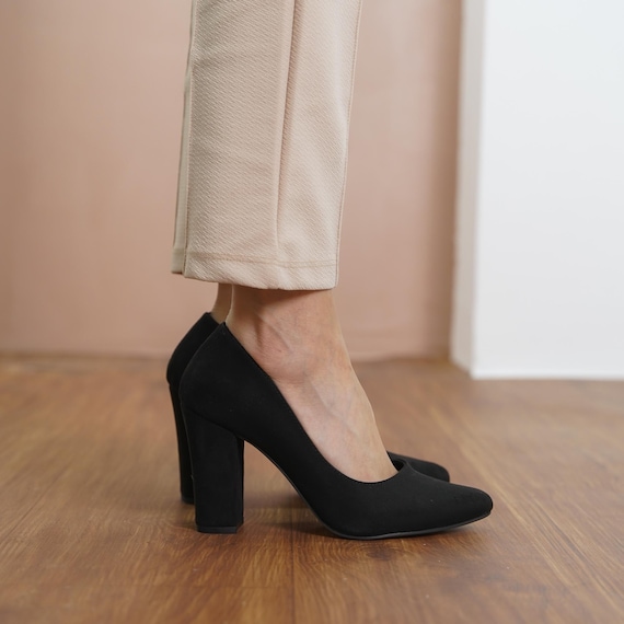 Black Bridal Heels, Vegan Suede Wedding Shoes, Elegant High Block Heels, Classical Designer Wedding Shoes, Party Wear Women Pump, Vegan Gift