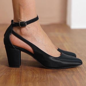Black Wedding Heels, Silky Satin Bridal Shoes with Medium High Block Heels, Classic Ankle Strap Bridesmaid Wedding Sandals, Gift for Her