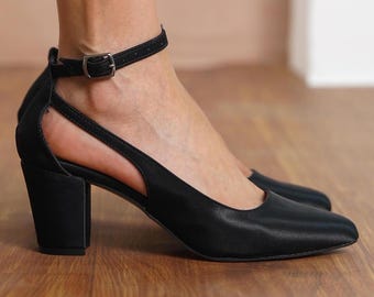 Black Wedding Heels, Silky Satin Bridal Shoes with Medium High Block Heels, Classic Ankle Strap Bridesmaid Wedding Sandals, Gift for Her