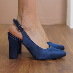 Navy Blue Bridal Heels, Dark Blue Silky Satin Wedding Shoes, High Block Heel for Bride, Classic Women Closed Slingback Wedding Sandals