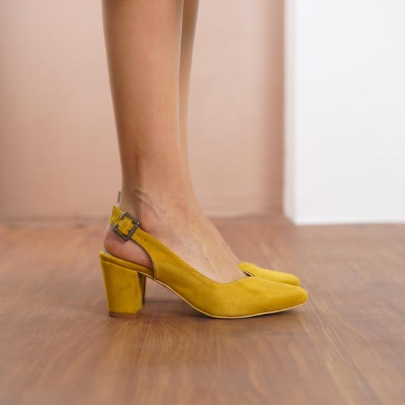 Yellow Wedding Heels, Vegan Suede Elegant Wedding Shoe, Medium High Block Bride Heel, Closed Toe Slingback Sweetheart Women Dress Shoes