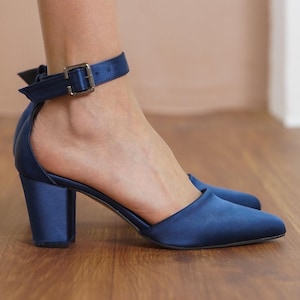 Navy Blue Wedding Shoes, Silky Satin Wedding Heels, Medium High Block Heels for Brides, Blue Women Ankle Strap Closed Toe Wedding Pumps
