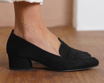 Black Casual Penny Loafer, Vegan Suede Office Shoe, Elegant Low Block Heel, Classical Designer Heel Pump, Party Women Shoe, Comfortable Flat