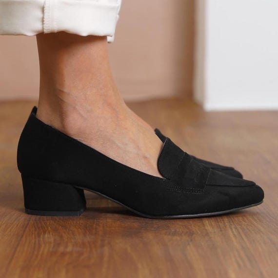 Black Casual Penny Loafer, Vegan Suede Office Shoe, Elegant Low Block Heel, Classical Designer Heel Pump, Party Women Shoe, Comfortable Flat