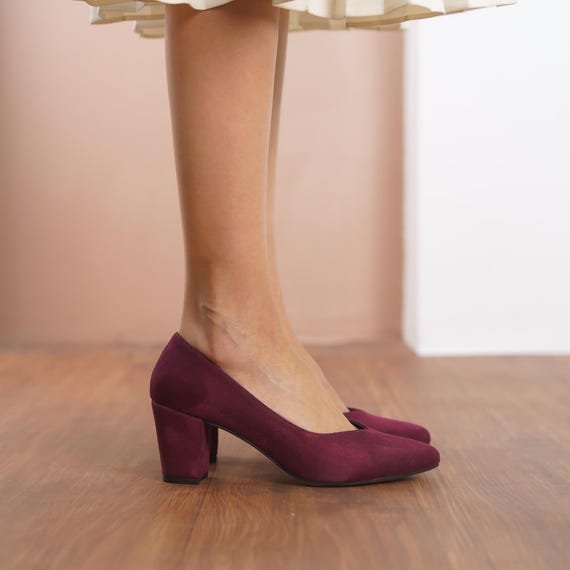 Burgundy Wedding Shoes, Vegan Suede Wedding Heel, Medium High Block Formal Bride Shoes, Classic Designer Sweetheart Heels, Maroon Dress Shoe