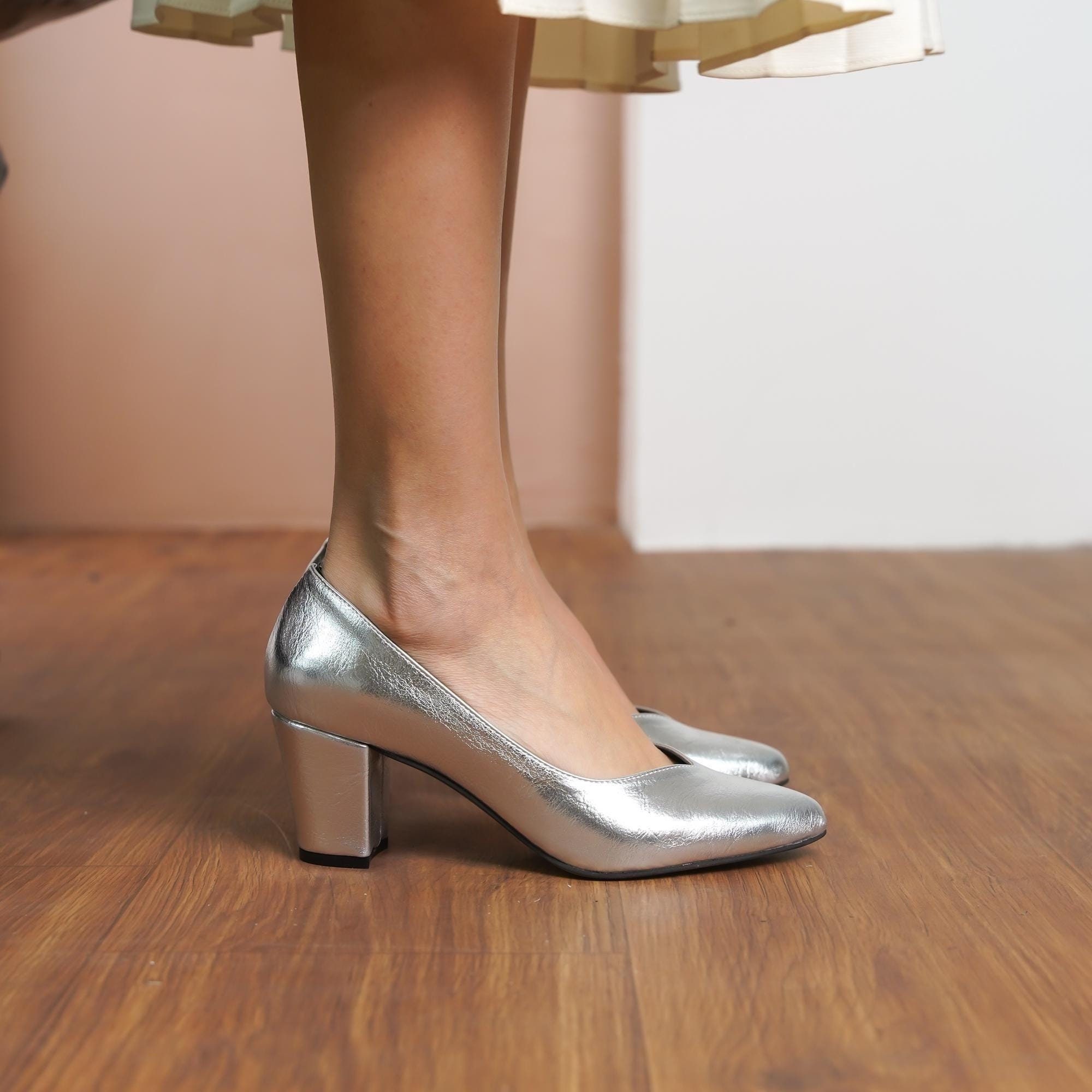 Silver Wedding Shoes, Vegan Leather Wedding Heels, Medium High Block Formal Bride Shoes, Classic Designer Heels, Platinum Court Dress Shoes