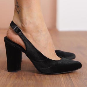 Black Bridal Heels, Black Silky Velvet Wedding Shoes, High Block Heels for Brides, Classic Women Closed Slingback Wedding Sandals
