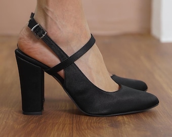 Black Bridesmaid Heels, Silky Satin Ankle Straps Wedding Shoes, Bride High Block Heel, Classic Women Closed Toe Slingback Vegan Wedding Heel