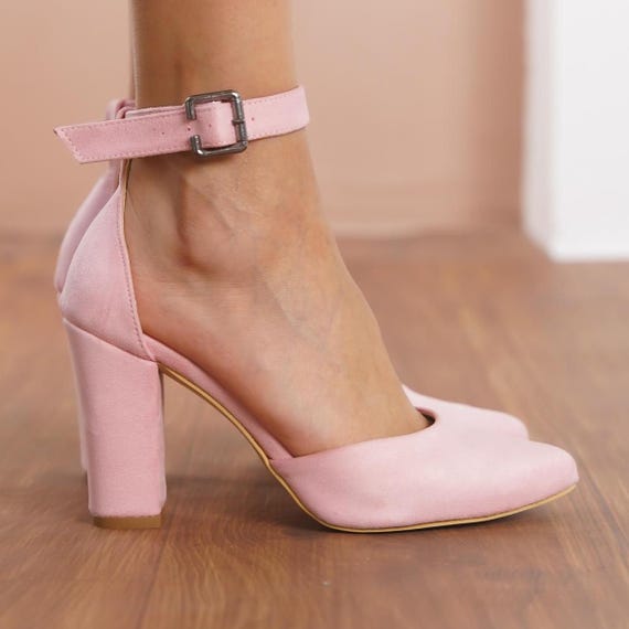 Blush Pink Ankle Strap Shoes, Vegan Suede Wedding Shoes with High Block  Bridal Heels, Dusty Rose Pink Classic Lolita Brides Wedding Heels