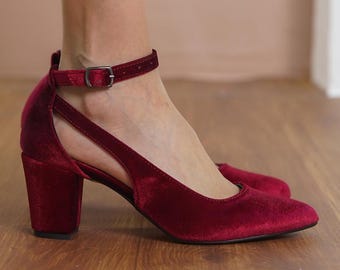 Burgundy Wedding Heels, Red Silky Velvet Bridal Shoes with Medium High Block Heel, Ankle Strap Bridesmaid Wedding Sandal, Vegan Gift for Her