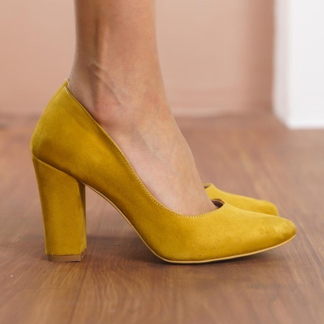 Yellow Comfortable Bridal Heels, Vegan Suede Wedding Shoes