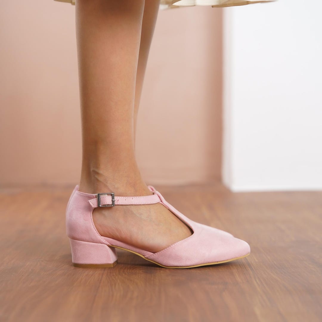Blush Pink Mary Jane Shoes, Dusty Rose Vegan Suede T-straps Boho