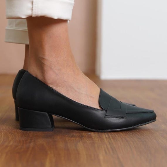 Black Casual Penny Loafers, Vegan Leather Office Shoes, Elegant Low Block Heel, Classical Designer Heel Pump, Party Women Shoe, Comfort Flat