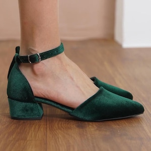 Green Wedding Heels, Emerald Velvet Silky Wedding Shoe, Low Block Heels for Bride, Women Ankle Strap Wedding Short Flat Sandal, Gift for Her