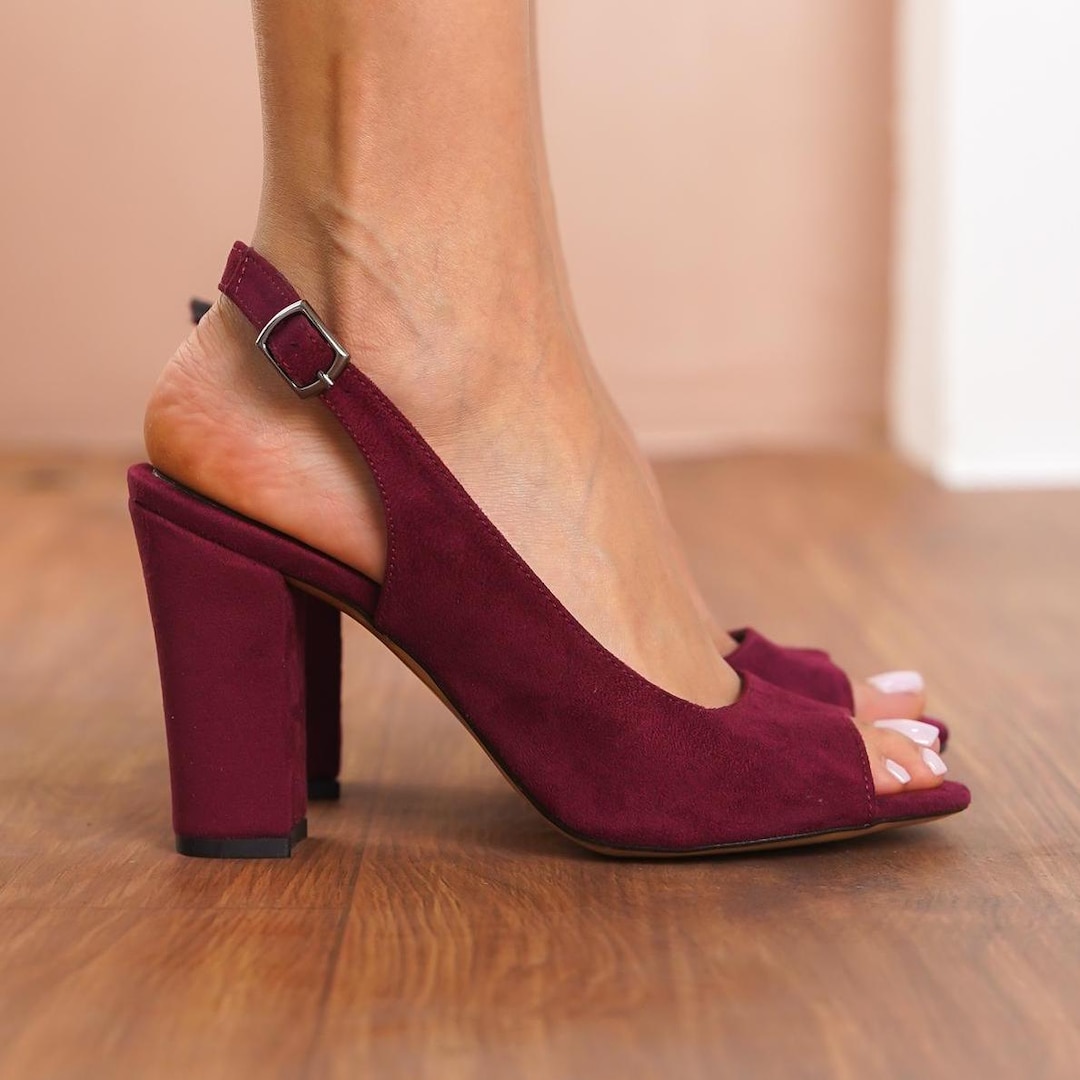 Sandalias de novia burdeos de ante vegano para boda, tacones altos