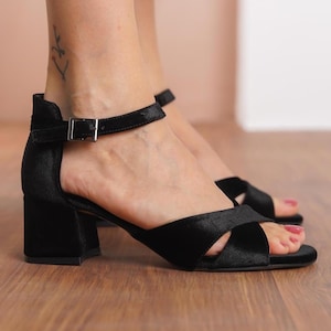 Black Criss Cross Shoes, Black Silky Velvet Open Toe Ankle Strap Wedding Short Shoes with Low Bridal Heel, Brides Wedding Heel, Vegan Gift