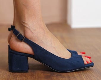 Granatowe szpilki ślubne, wegańskie zamszowe szpilki ślubne, niskie obcasy blokowe dla druhen, ciemnoniebieskie, odkryte palce, płaskie sandały ślubne damskie z odkrytymi palcami i piętą