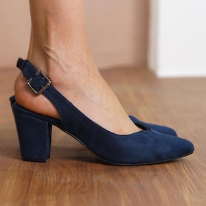 Navy Blue Wedding Heels, Vegan Suede Elegant Wedding Shoes, Medium High Block Bride Heel, Closed Toe Slingback Comfortable Women Dress Shoes