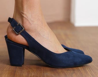 Navy Blue Wedding Heels, Vegan Suede Elegant Wedding Shoes, Medium High Block Bride Heel, Closed Toe Slingback Comfortable Women Dress Shoes