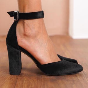 Black Ankle Strap Shoes, Black Silky Velvet Wedding Shoes with High Block Bridal Heels, Classic Lolita Brides Wedding Heels, Gift for Her