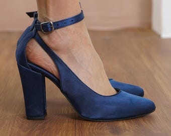 Navy Blue Wedding Heels, Silky Satin Vegan Bridal Shoes with High Block Heels, Classic Ankle Strap Brides Wedding Shoes, Vegan Gift for Her
