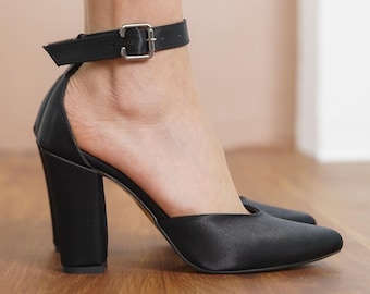 Black Ankle Strap Shoes, Silky Satin Wedding Shoes with High Block Bridal Heels, Classic Lolita Brides Wedding Heels, Vegan Gift for Her