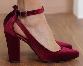 Burgundy Velvet Wedding Heels, Silky Velvet Bridal Shoes High Block Heels, Dark Red Ankle Strap Brides Wedding Shoes, Vegan Gift for Her