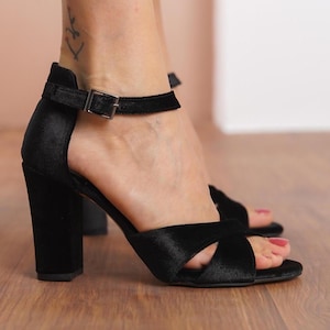 Black Criss Cross Shoes, Black Silky Velvet Open Toe Ankle Straps Wedding Shoes with High Bridal Heels, Brides Wedding Heels, Gift for Her