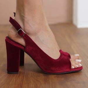Burgundy Bride Heels, Red Velvet Wedding Heels, High Bridal Block Bridesmaid Heels, Open Toe Slingback Wedding Women Flat Sandal, Vegan Gift