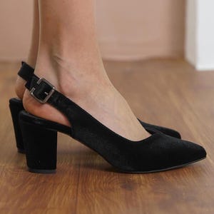 Black Wedding Heels, Silky Velvet Elegant Wedding Shoe, Medium High Block Bride Heel, Closed Toe Slingback Chic Comfortable Women Dress Shoe