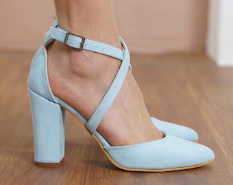 Baby Blue Criss Cross Heels, Vegan Suede Closed Toe Ankle Straps Wedding Heels with High Block Bridal Shoes, Light Blue Brides Wedding Shoes