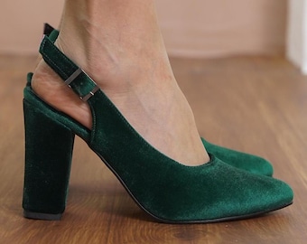 Green Bridal Heels, Emerald Green Silky Velvet Wedding Shoes, High Block Heels for Brides, Classic Women Closed Slingback Wedding Sandals