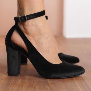 Black Velvet Wedding Heels, Black Silky Velvet Bridal Shoes with High Block Heel, Black Ankle Strap Brides Boho Wedding Shoe, Gift for Her