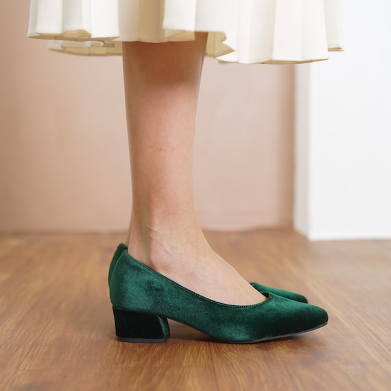 shoes to wear with green velvet dress Bridal Heels, Emerald Silky Wedding Shoe, Elegant Low Block Heel, Classical Designer Short Wedding Shoe, Party Women Pumps green velvet dress with boots