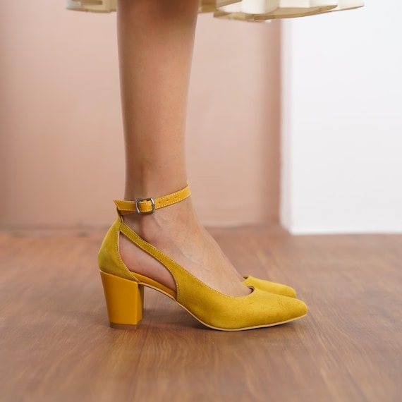 Mustard Wedding Heels, Vegan Suede Bridal Shoes With Medium High