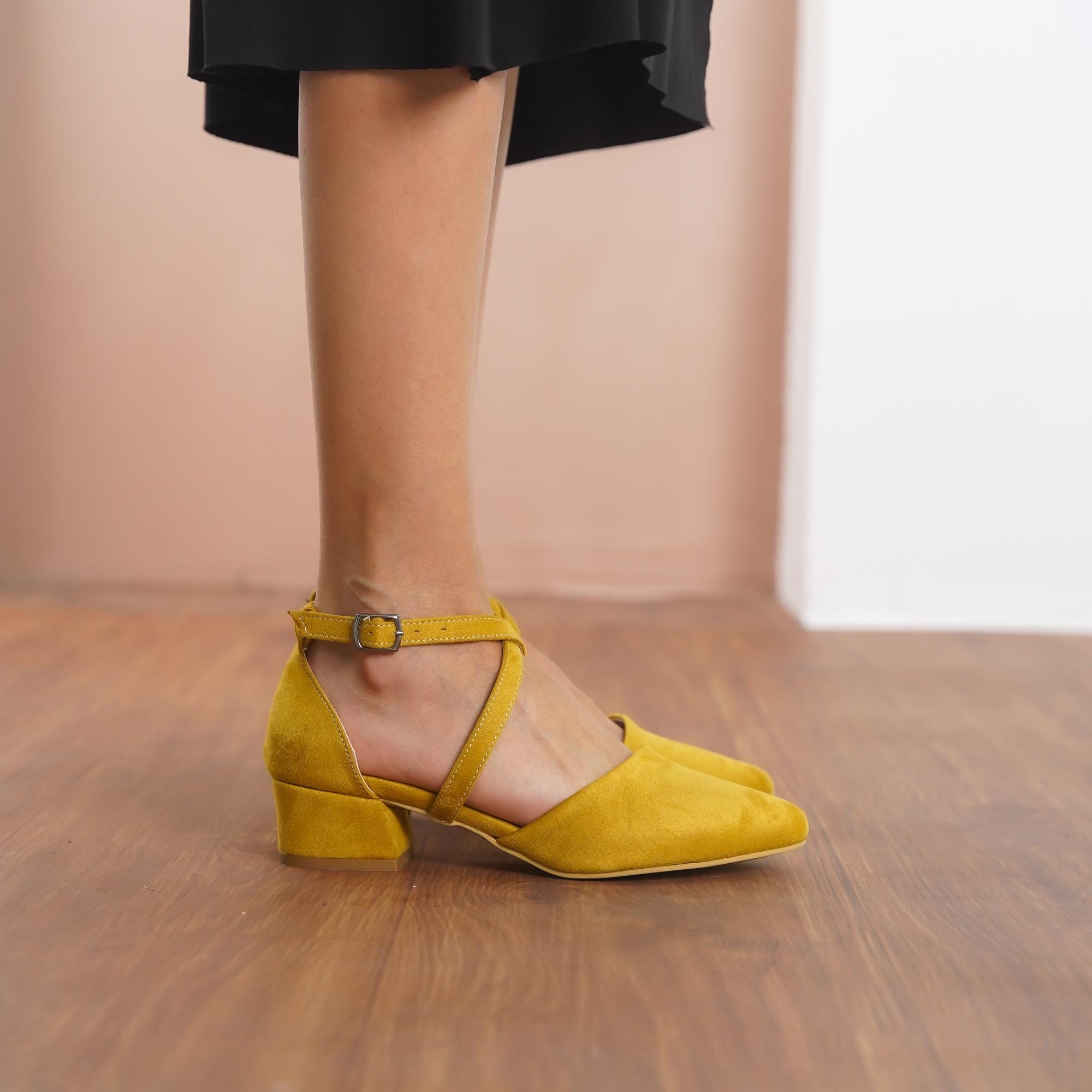 Mustard Criss Cross Heels, Vegan Suede Closed Toe Ankle Strap Low
