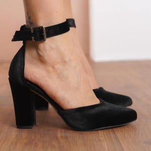 Black Ankle Strap Shoes, Black Silky Velvet Wedding Shoes with High Block Bridal Heels, Classic Lolita Brides Wedding Heels, Gift for Her