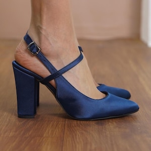 Navy Blue Bridesmaid Heels, Silky Satin Ankle Straps Wedding Shoes, Bride High Block Heels, Classic Women Closed Toe Slingback Wedding Heels