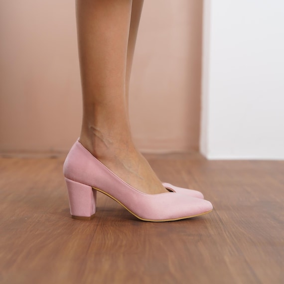 Dusty Pink Wedding Shoes, Vegan Suede Wedding Heels, Medium High Block Formal Bride Shoes, Blush Pink Designer Sweetheart Court Women Pumps