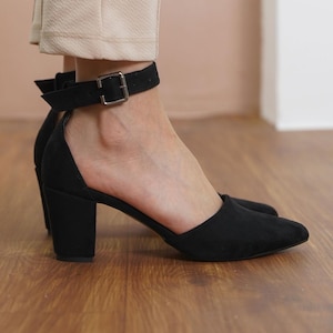 Black Wedding Shoes, Vegan Suede Wedding Heels, Medium High Block Heel for Brides, Women Ankle Straps Closed Toe Wedding Pumps, Gift for Her