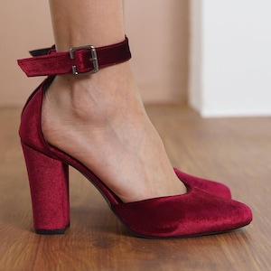 Burgundy Ankle Strap Shoes, Red Silky Velvet Wedding Shoes with High Block Bridal Heels, Classic Lolita Brides Wedding Heels,  Gift for Her