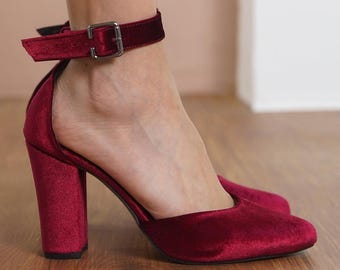 Burgundy Ankle Strap Shoes, Red Silky Velvet Wedding Shoes with High Block Bridal Heels, Classic Lolita Brides Wedding Heels,  Gift for Her