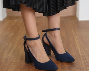 Zapatos de novia de ante vegano con tacón alto de bloque, azul